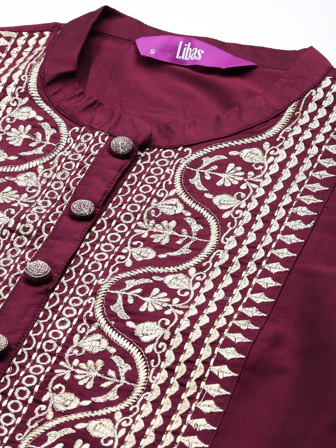 Wine Yoke Design Silk Blend Straight Kurta With Trousers & Dupatta - Libas