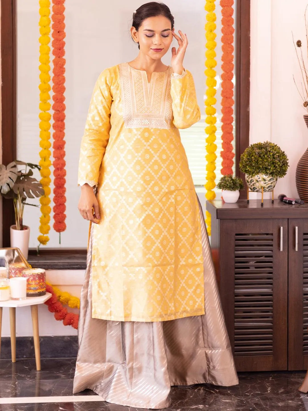 Yellow Chanderi Woven Design Straight Kurta - Libas