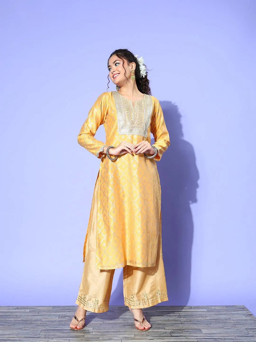 Yellow Chanderi Woven Design Straight Kurta - Libas 