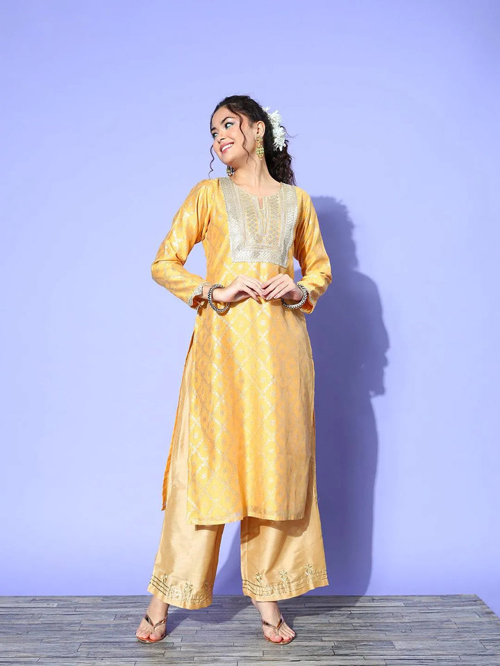 Yellow Chanderi Woven Design Straight Kurta - Libas