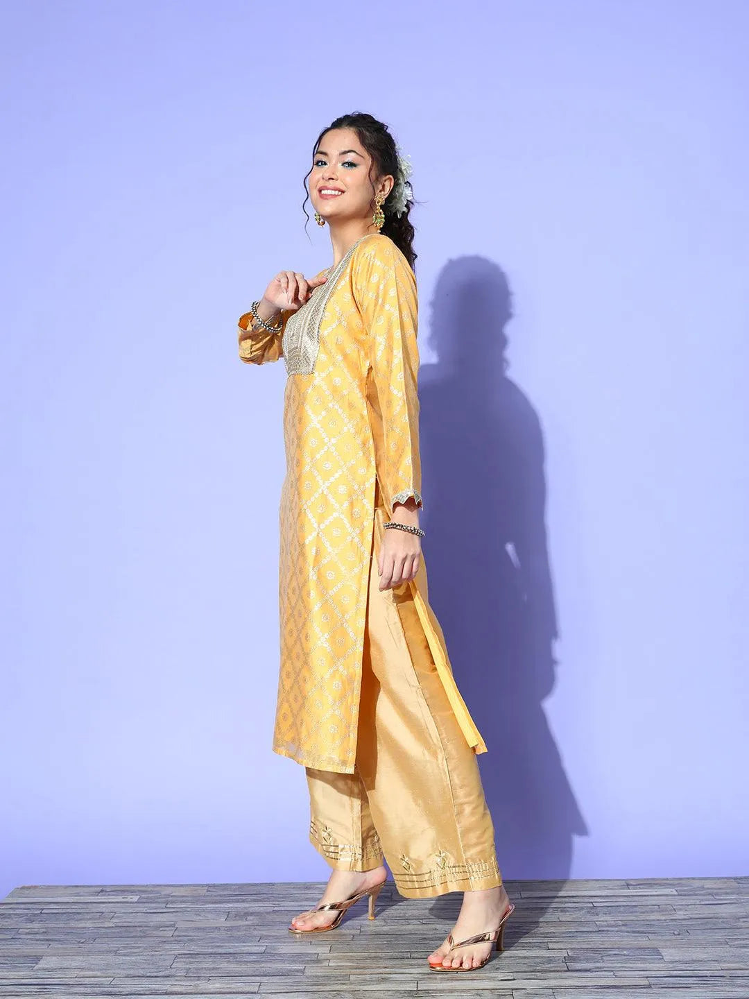 Yellow Chanderi Woven Design Straight Kurta - Libas 