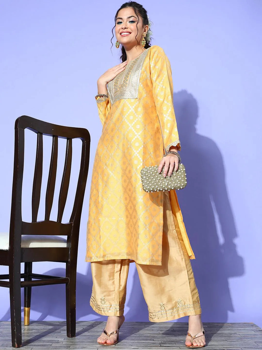 Yellow Chanderi Woven Design Straight Kurta - Libas 