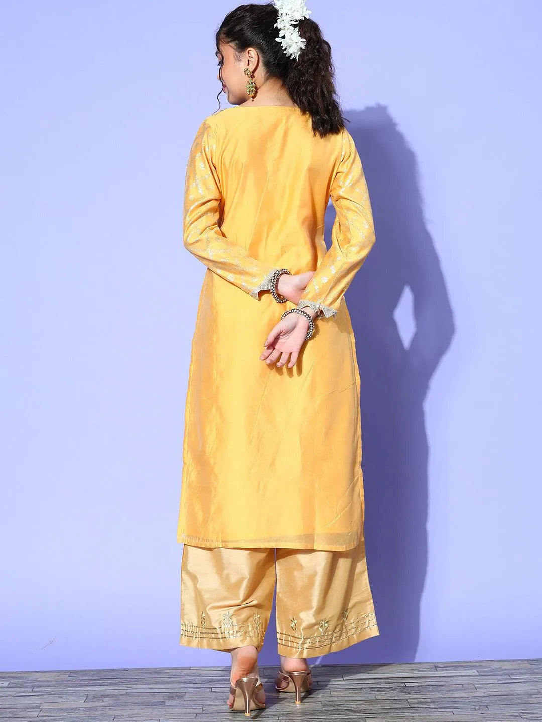 Yellow Chanderi Woven Design Straight Kurta - Libas