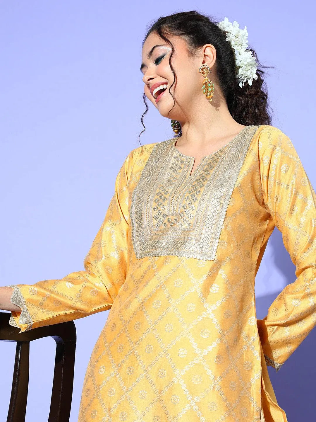 Yellow Chanderi Woven Design Straight Kurta - Libas 