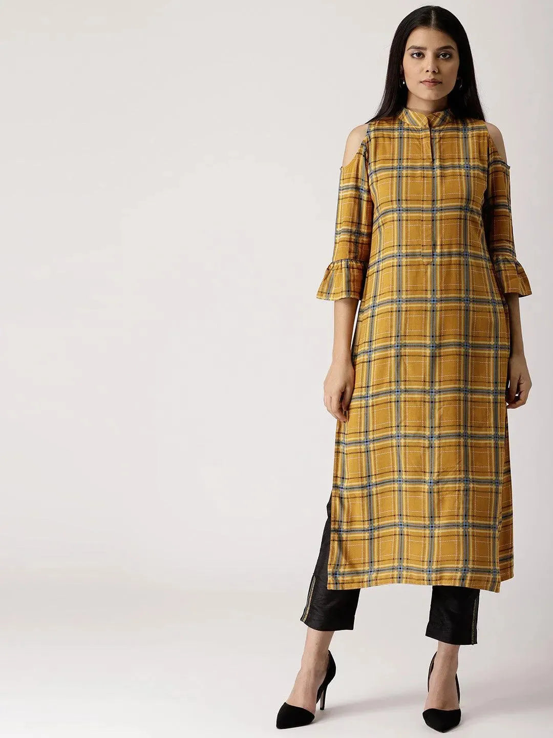 

Buy Yellow Checkered Rayon Kurta - 7308-XS | Libas Ethnic Wear Online