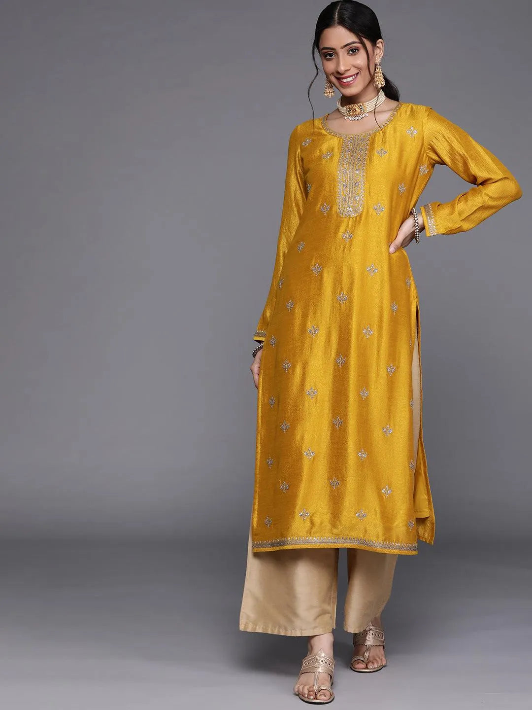 Yellow Embellished Silk Kurta - Libas 