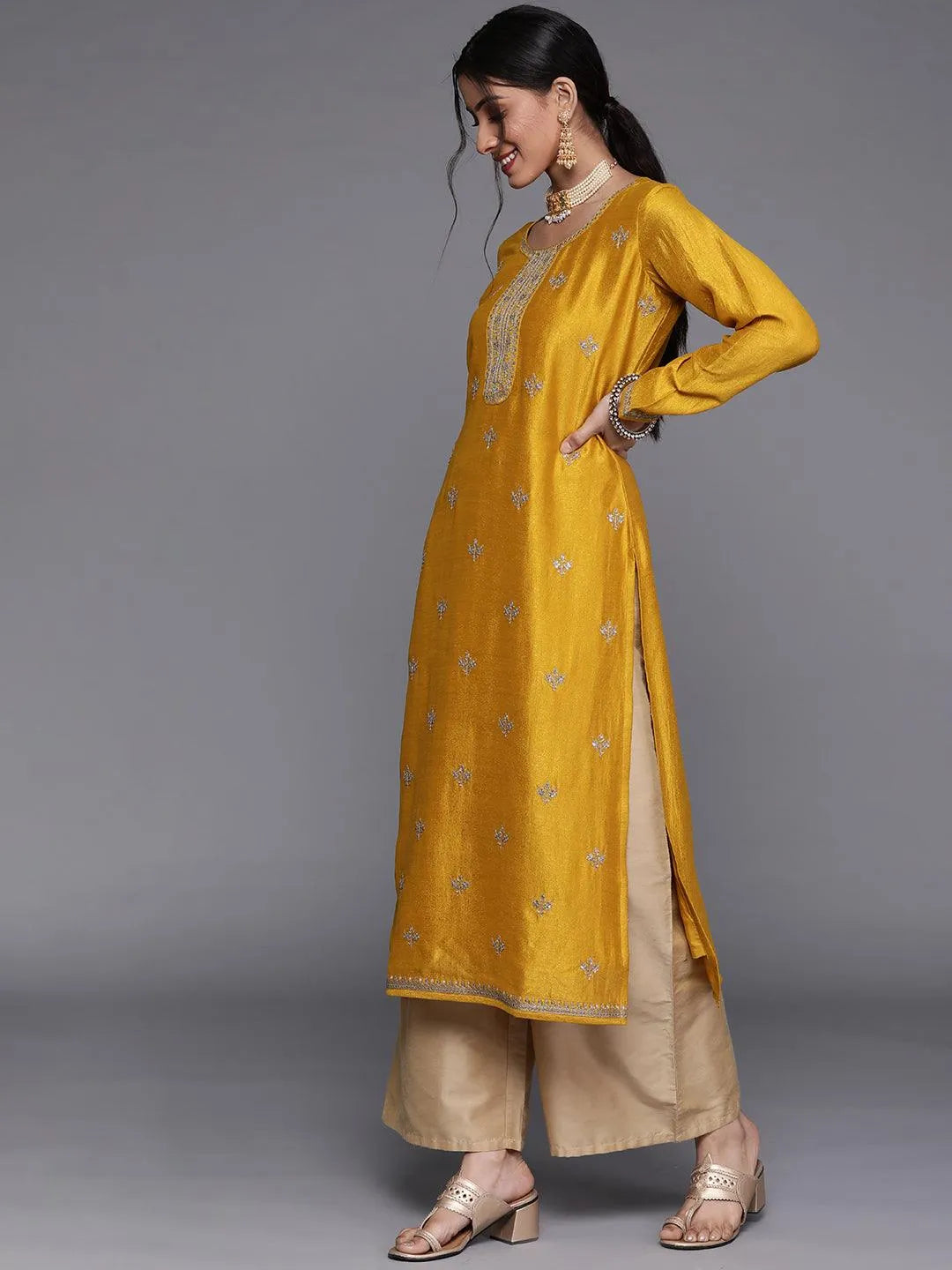 Yellow Embellished Silk Kurta - Libas 