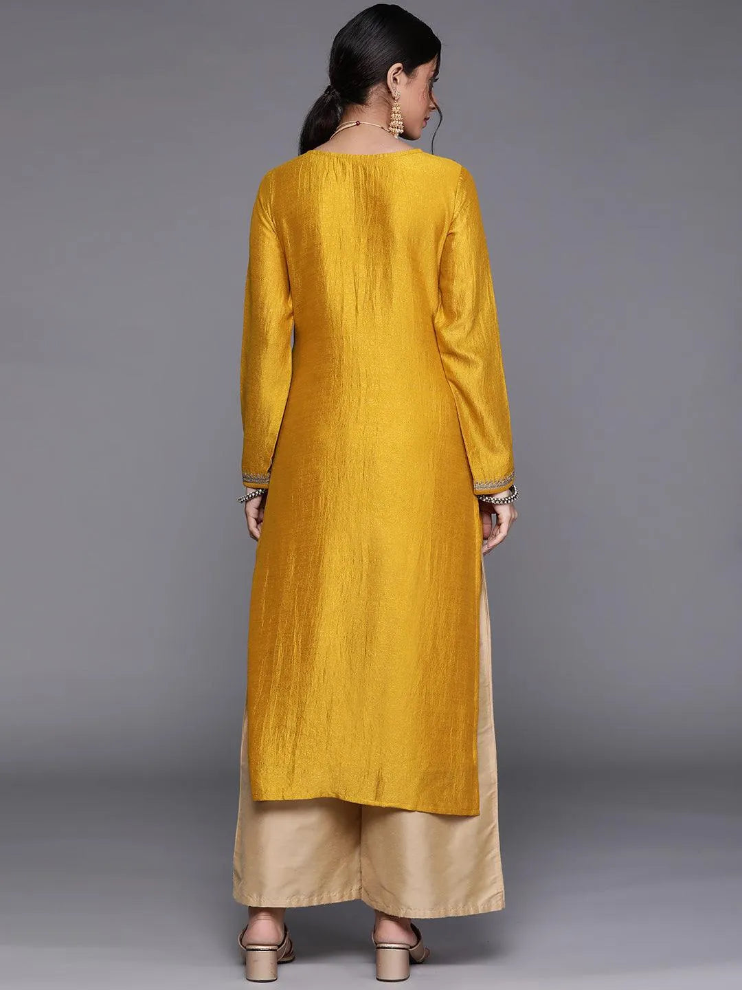 Yellow Embellished Silk Kurta - Libas 