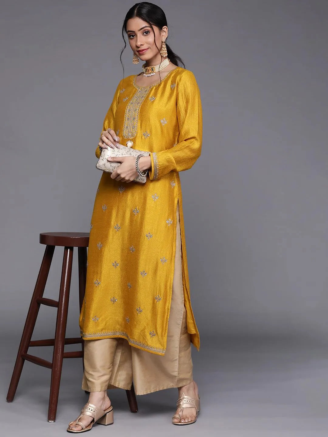 Yellow Embellished Silk Kurta - Libas