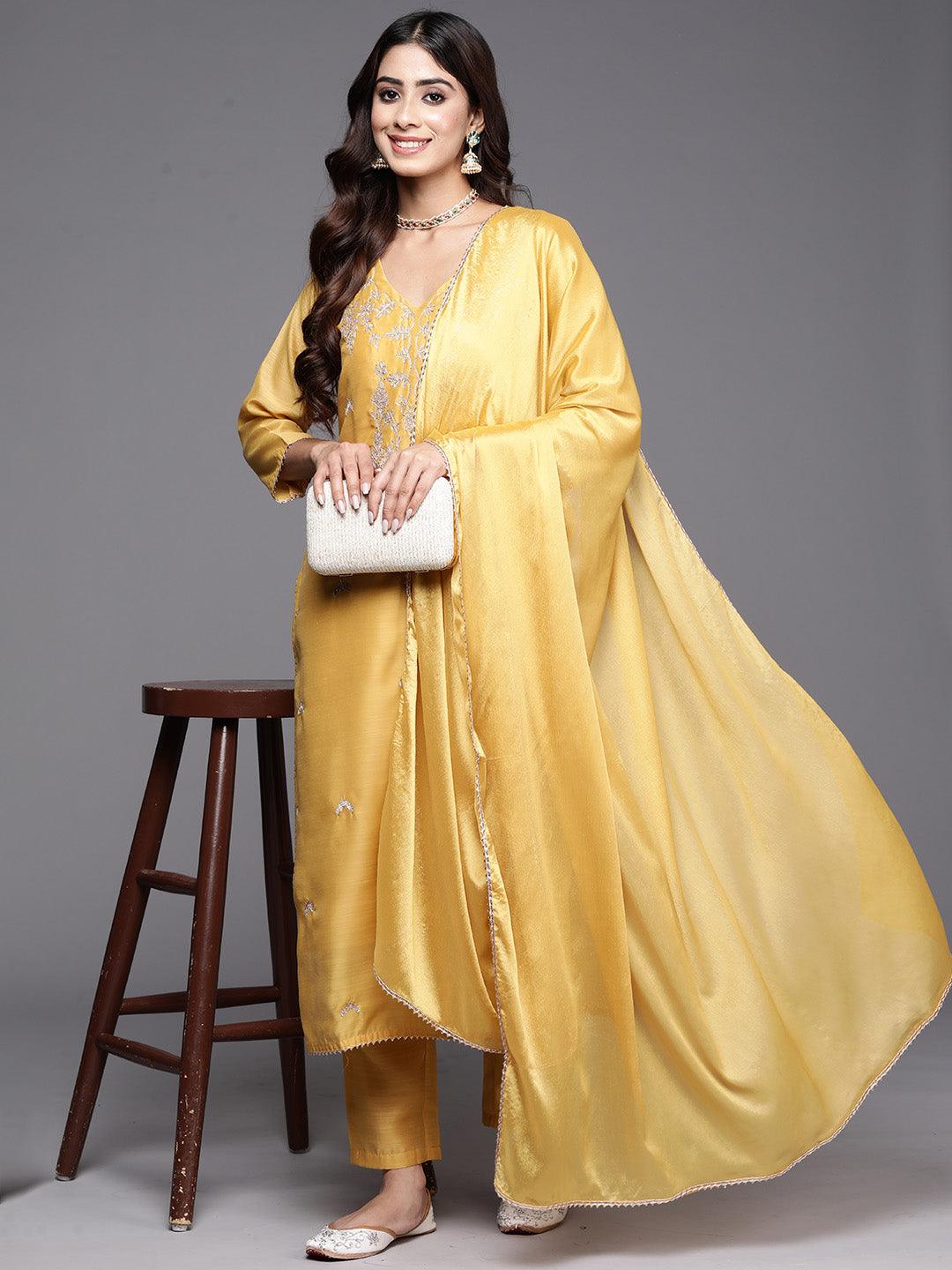 Yellow Embroidered Chanderi Silk Straight Kurta With Trousers & Dupatta - Libas 