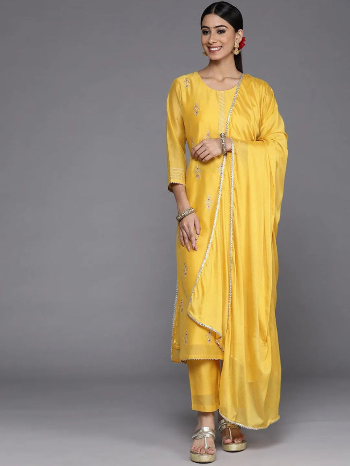 Yellow Embroidered Chanderi Silk Straight Suit Set - Libas