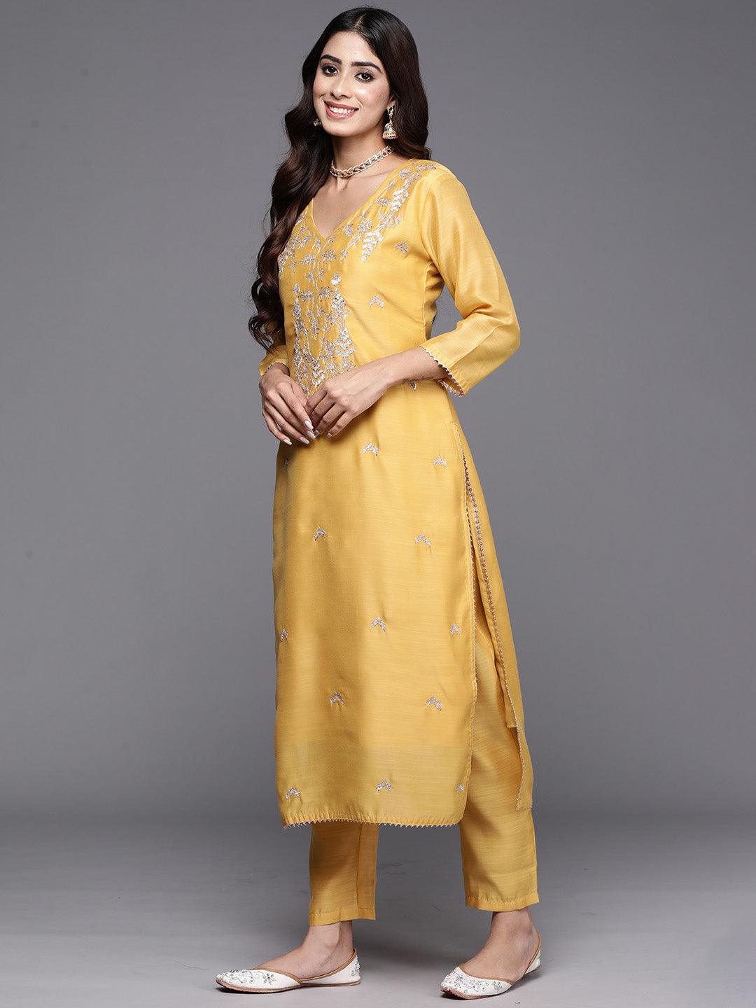 Yellow Embroidered Chanderi Silk Straight Kurta With Trousers & Dupatta - Libas 