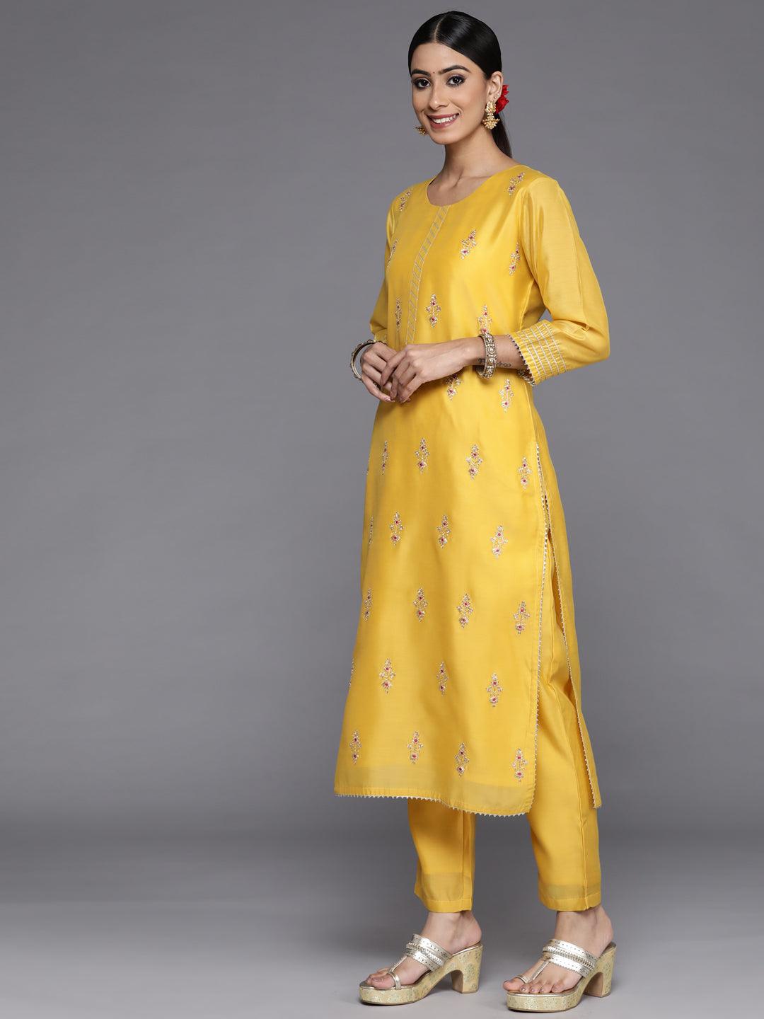 Yellow Embroidered Chanderi Silk Straight Kurta With Trousers & Dupatta