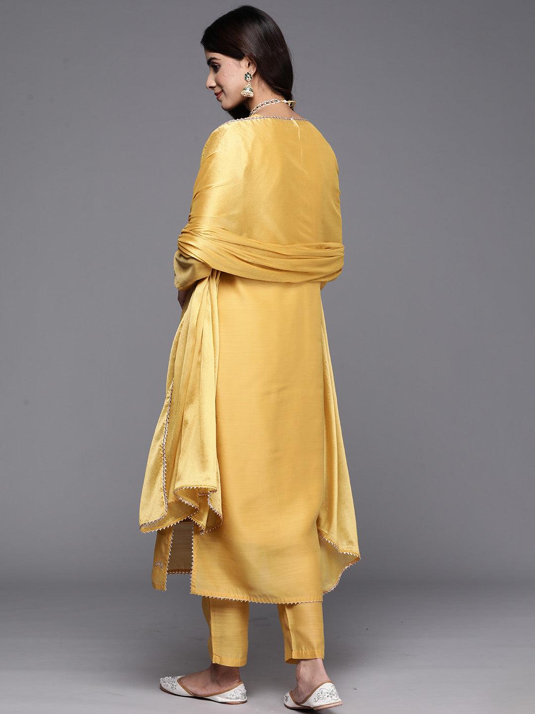 Yellow Embroidered Chanderi Silk Straight Kurta With Trousers & Dupatta - Libas 