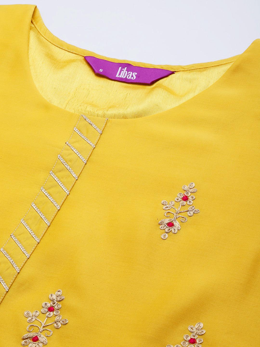 Yellow Embroidered Chanderi Silk Straight Kurta With Trousers & Dupatta