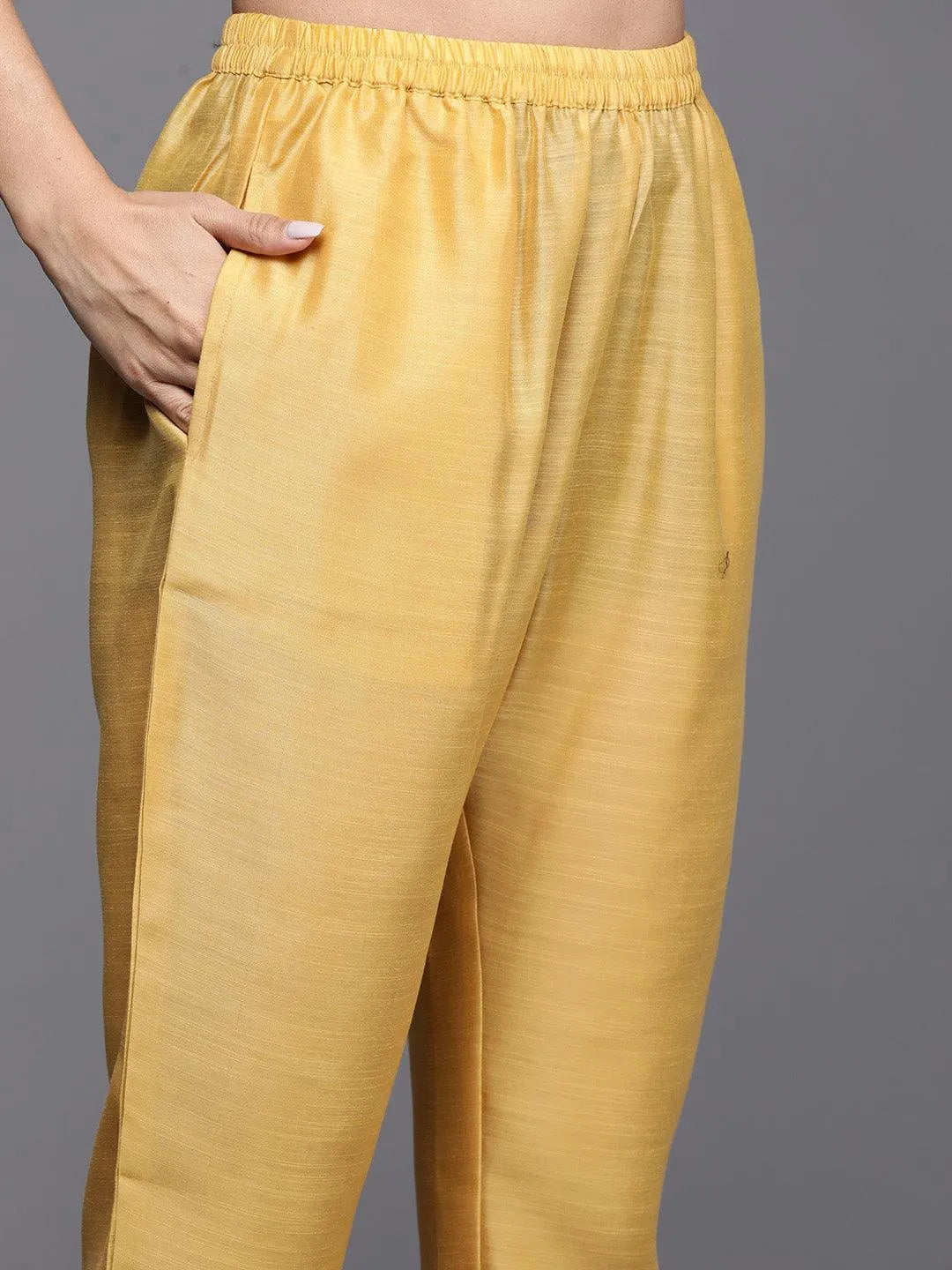 Yellow Embroidered Chanderi Silk Straight Kurta With Trousers & Dupatta - Libas 