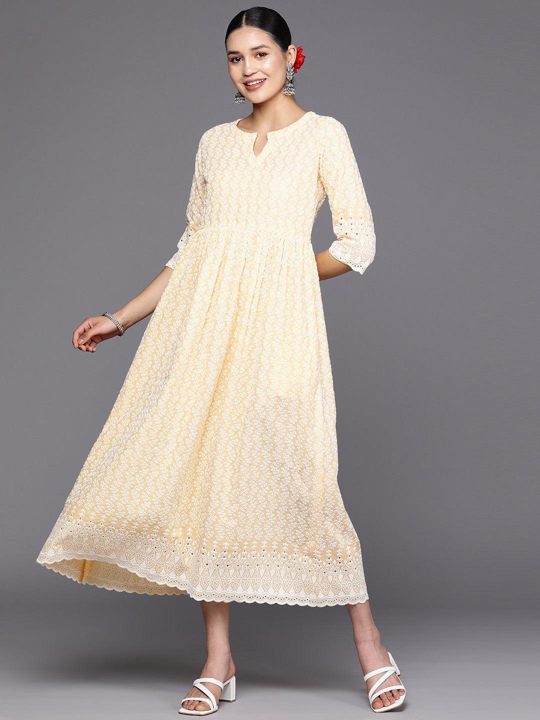 Yellow Embroidered Cotton Fit and Flare Dress - Libas 