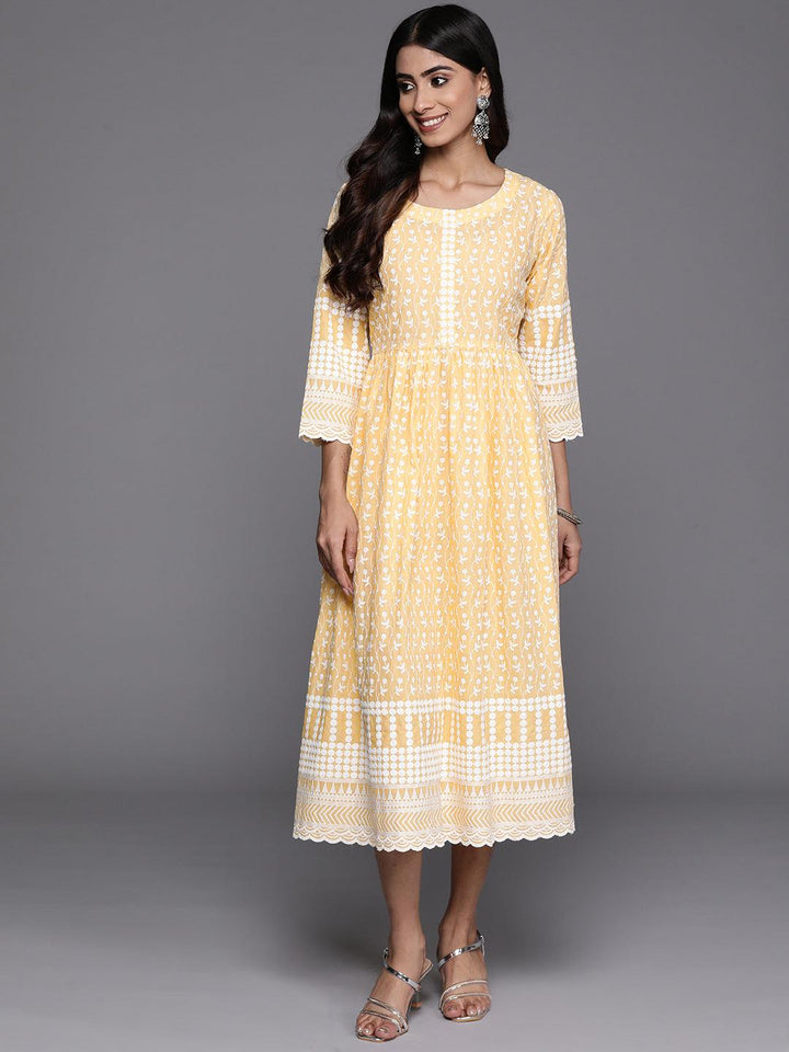 Yellow Printed Cotton Fit and Flare Dress - Libas