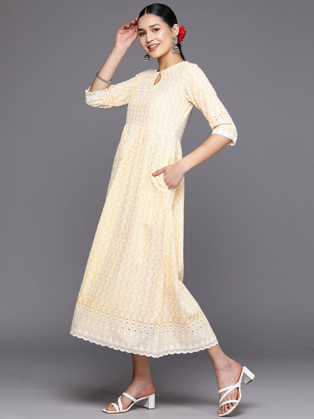 Yellow Embroidered Cotton Fit and Flare Dress - Libas