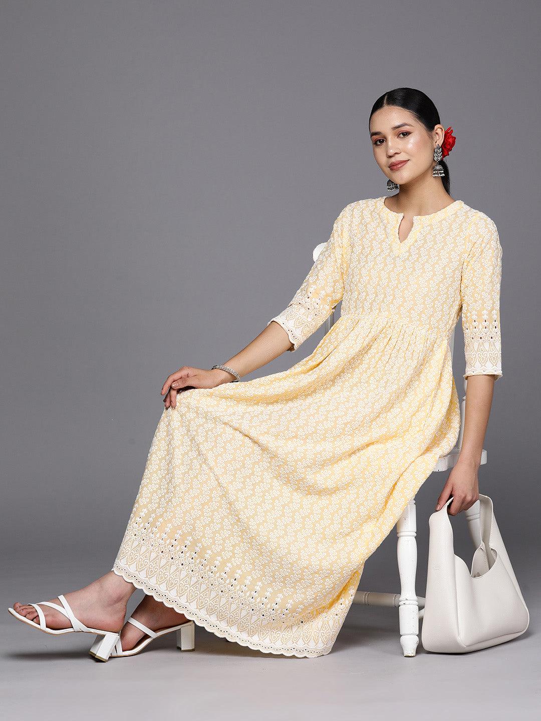 Yellow Embroidered Cotton Fit and Flare Dress - Libas 