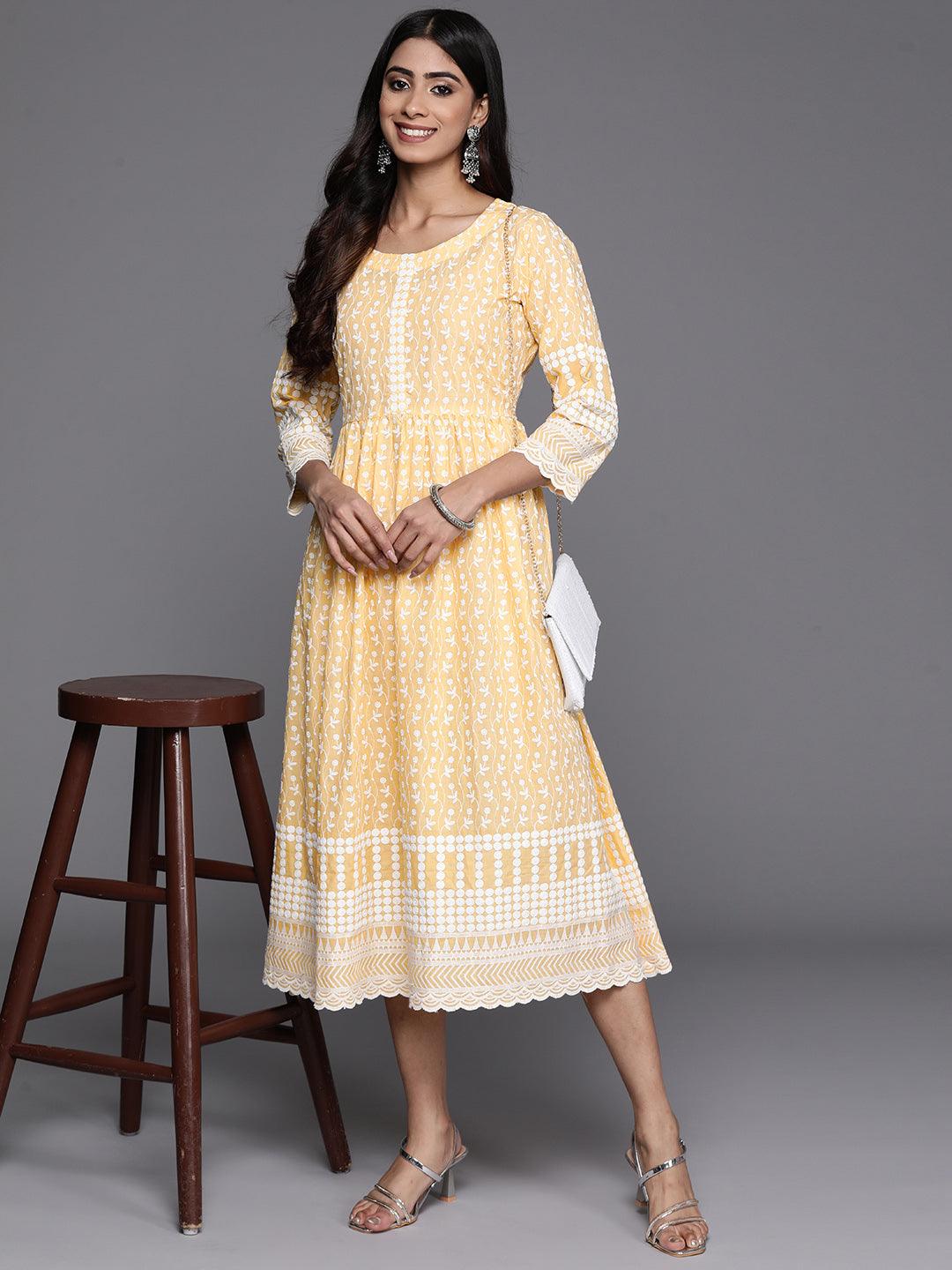 Yellow Printed Cotton Fit and Flare Dress - Libas