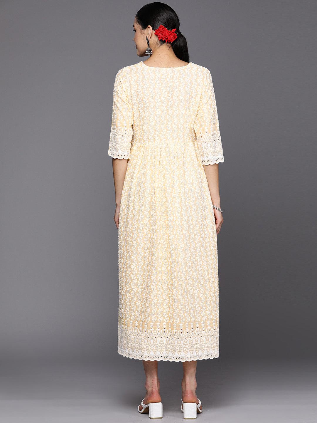 Yellow Embroidered Cotton Fit and Flare Dress - Libas 