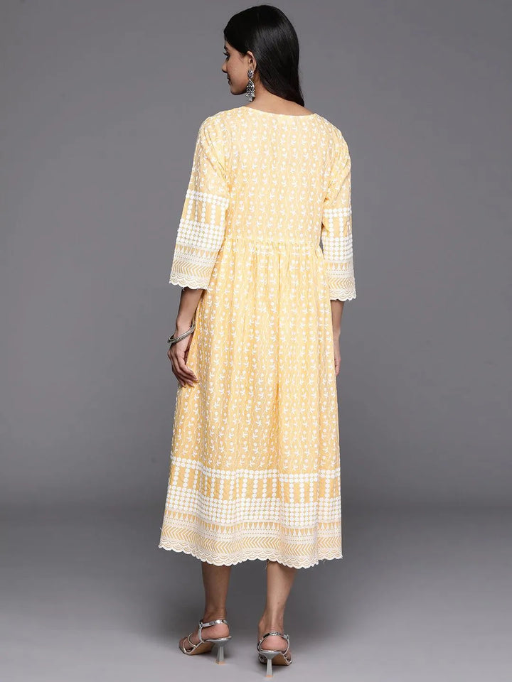 Yellow Printed Cotton Fit and Flare Dress - Libas