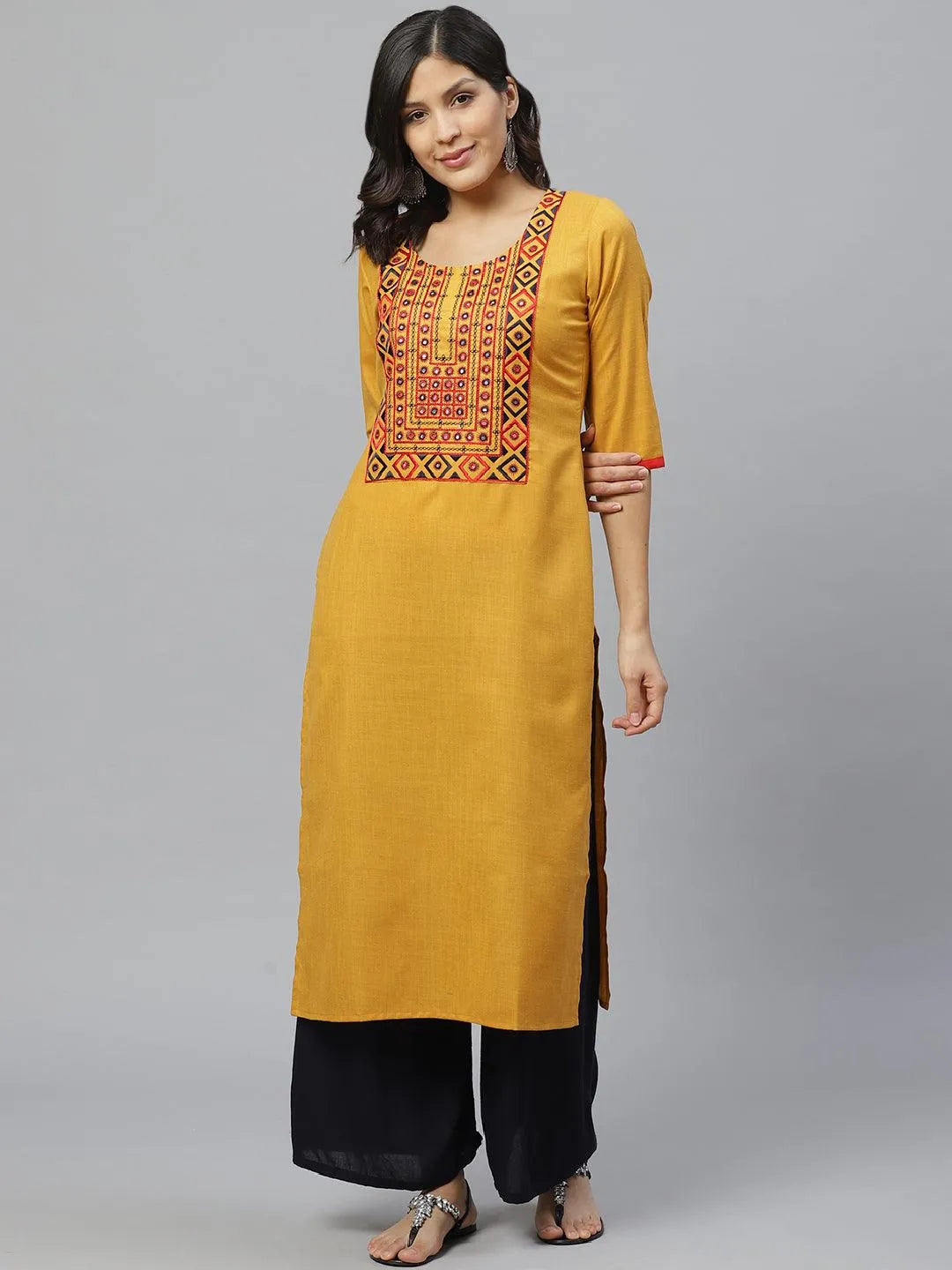 Yellow Embroidered Cotton Kurta - Libas