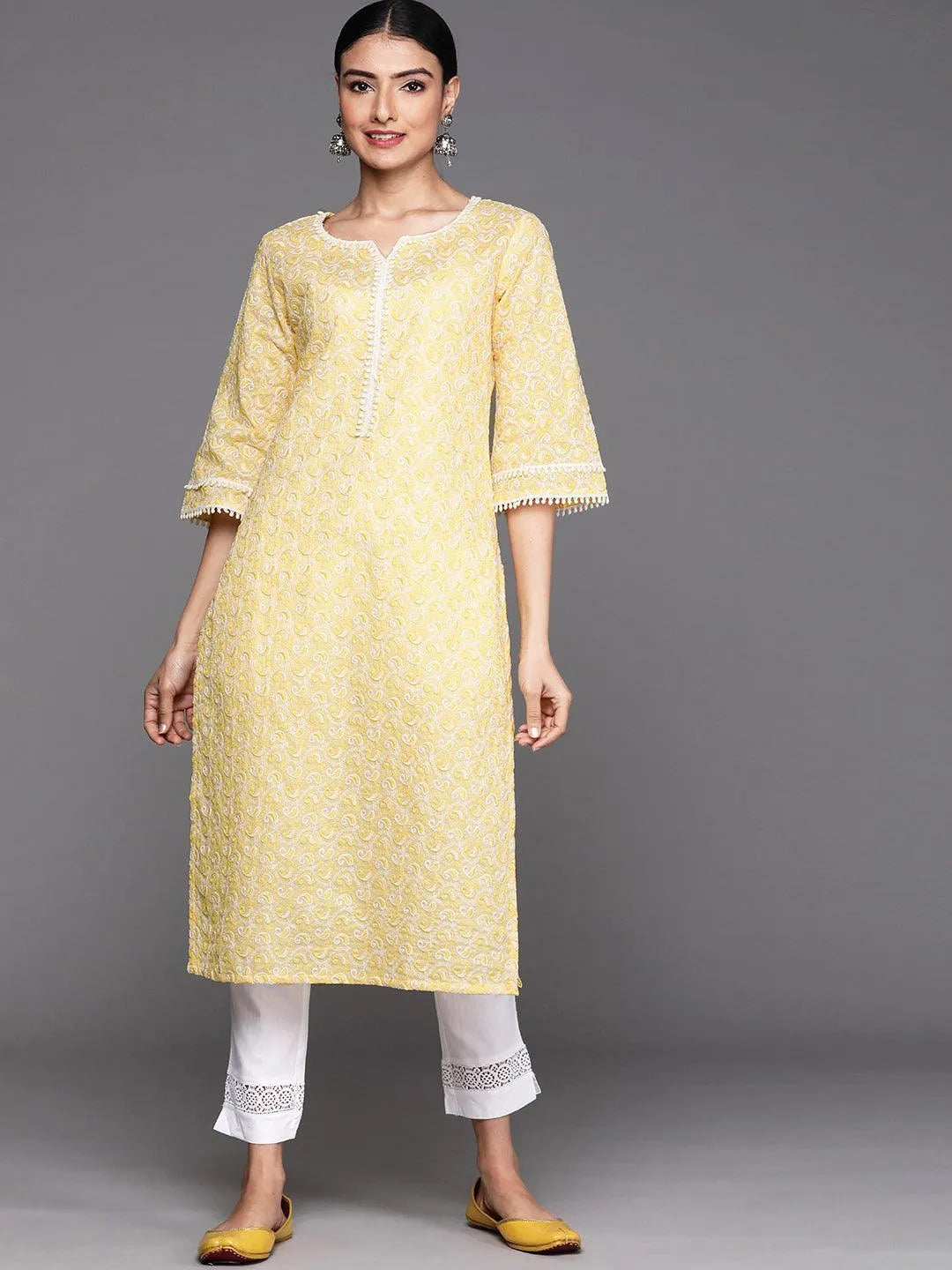 Yellow Embroidered Cotton Kurta - Libas