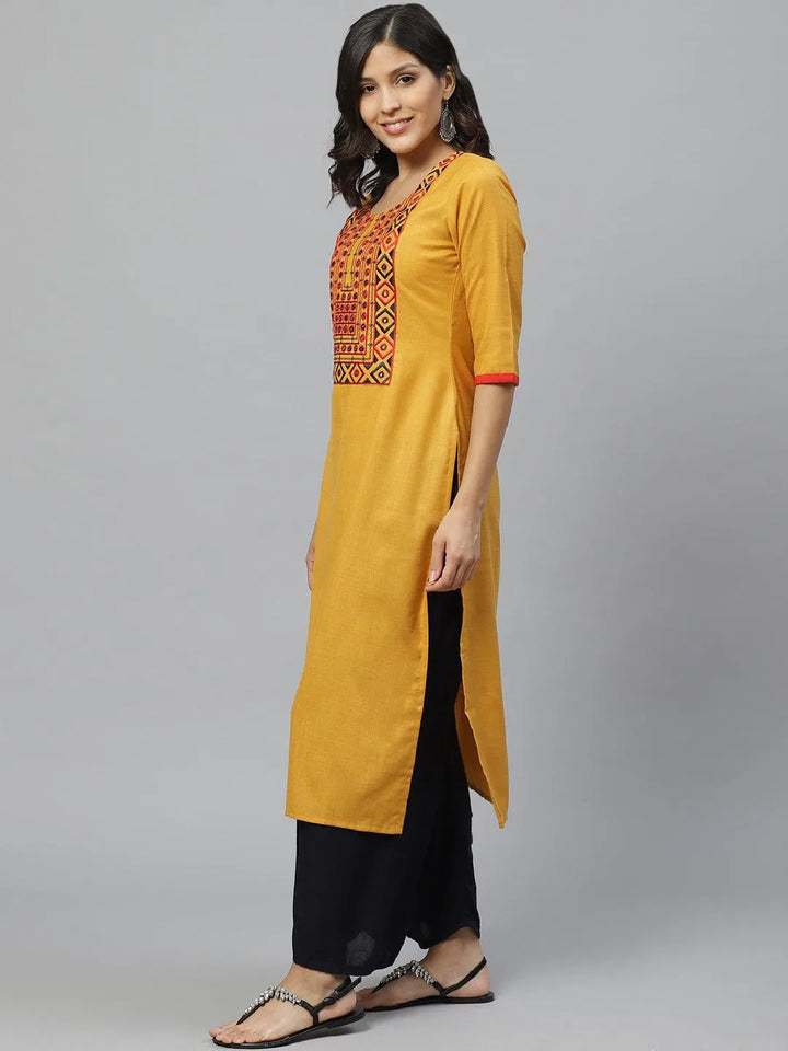 Yellow Embroidered Cotton Kurta - Libas