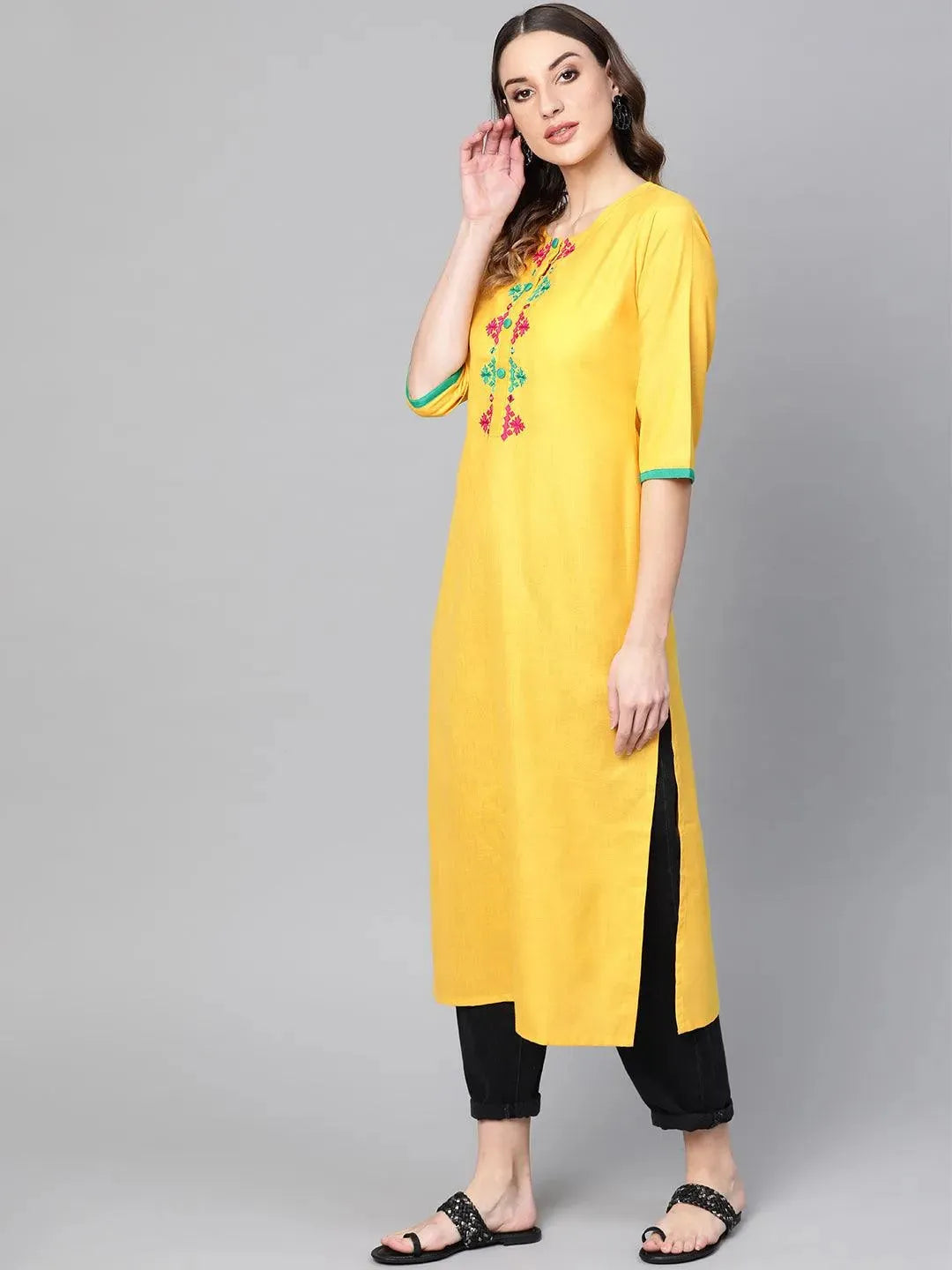 

Yellow Embroidered Cotton Kurta