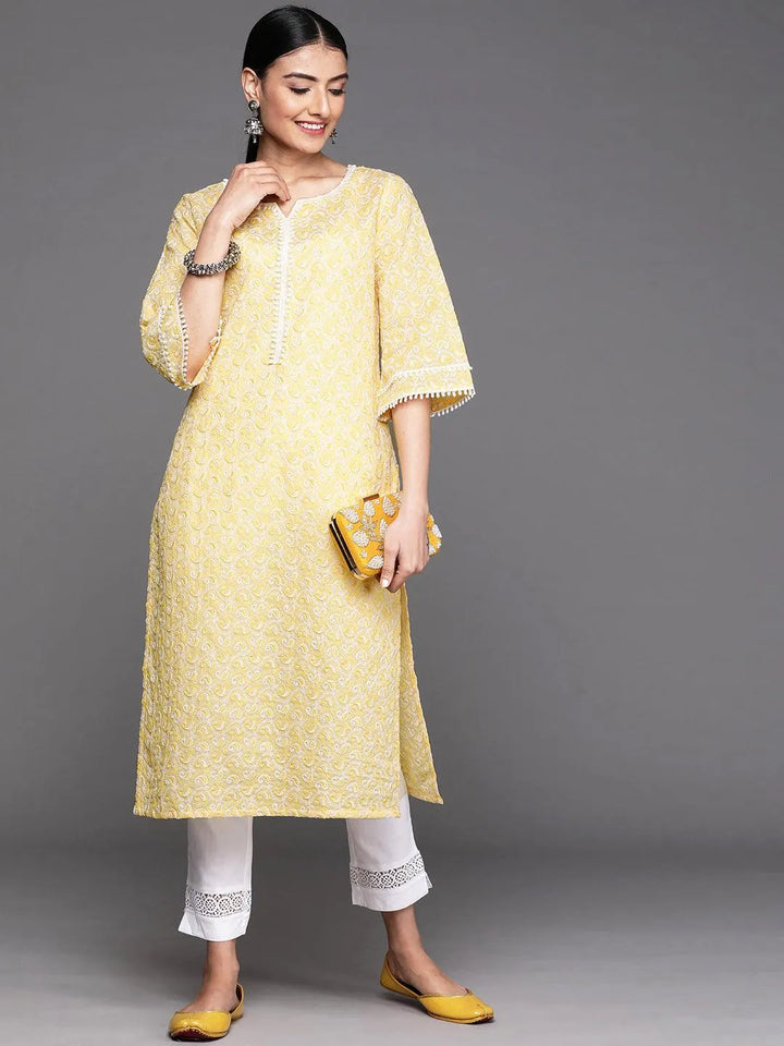 Yellow Embroidered Cotton Kurta - Libas