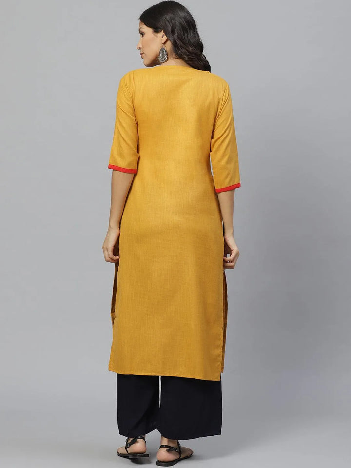 Yellow Embroidered Cotton Kurta - Libas