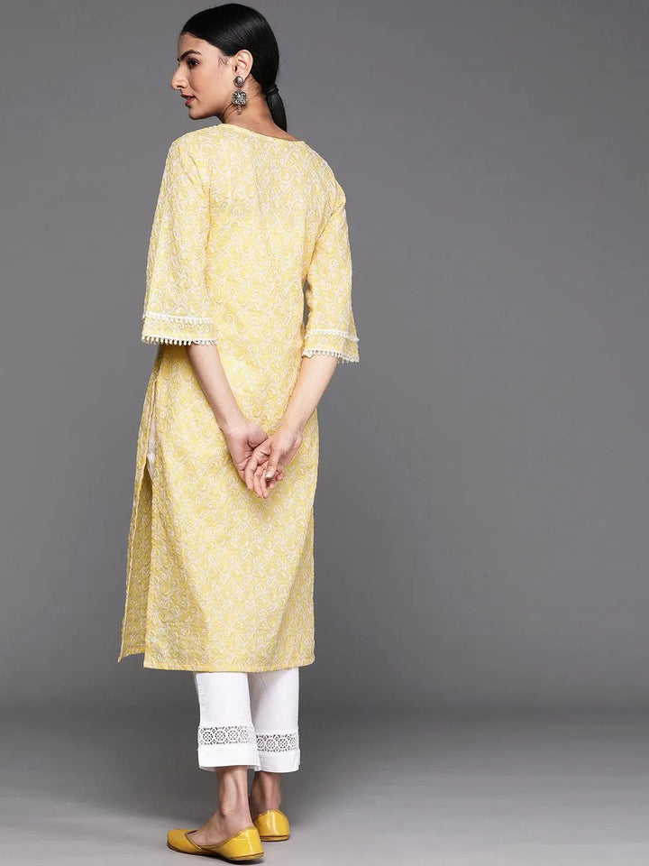 Yellow Embroidered Cotton Kurta - Libas