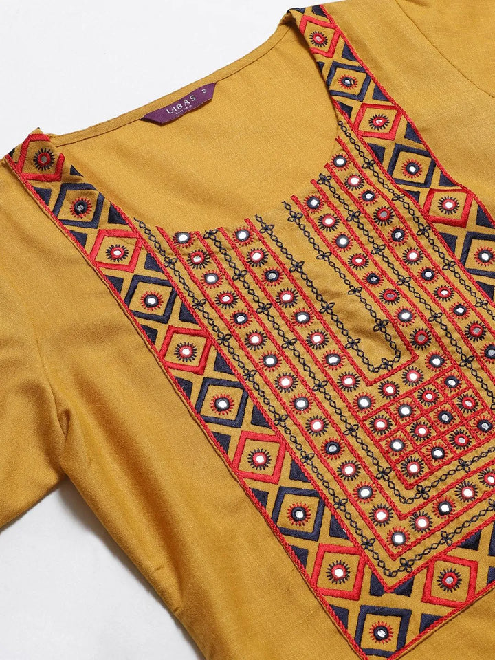 Yellow Embroidered Cotton Kurta - Libas