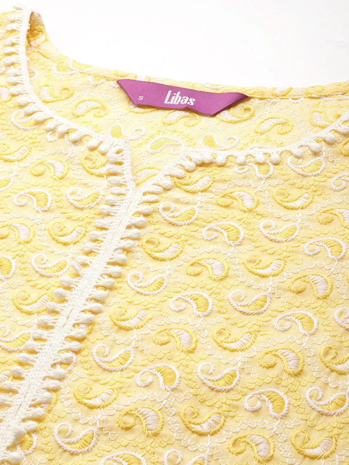 Yellow Embroidered Cotton Kurta - Libas