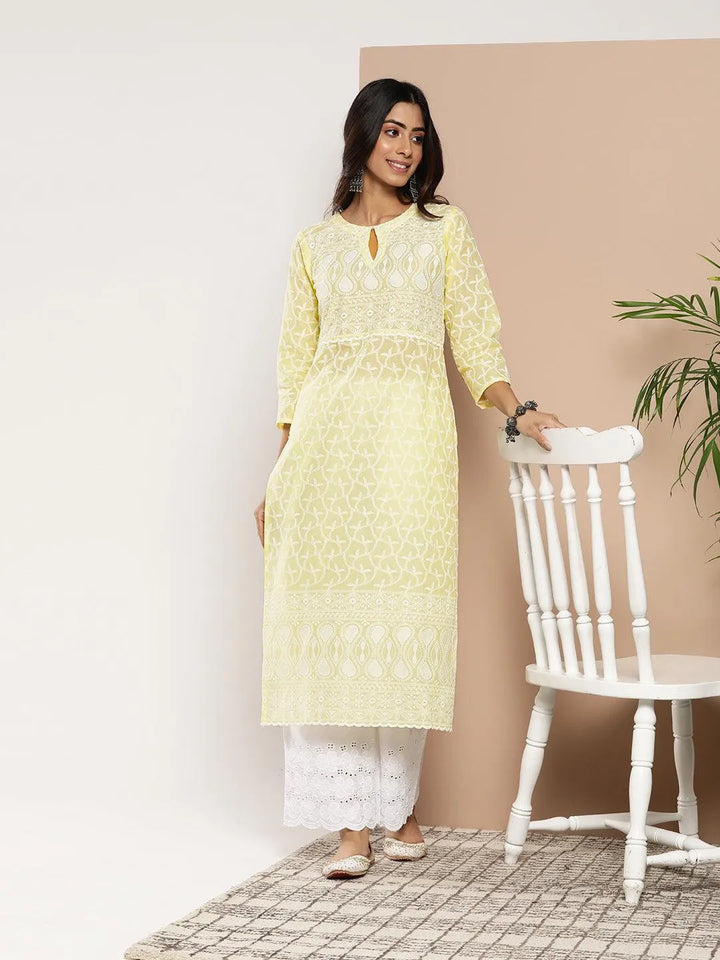 Yellow Embroidered Cotton Straight Kurta - Libas