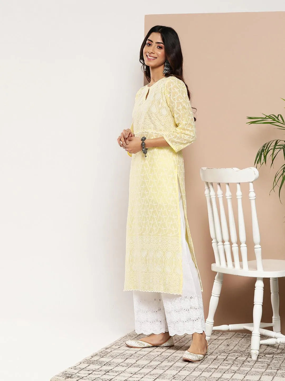 Yellow Embroidered Cotton Straight Kurta - Libas