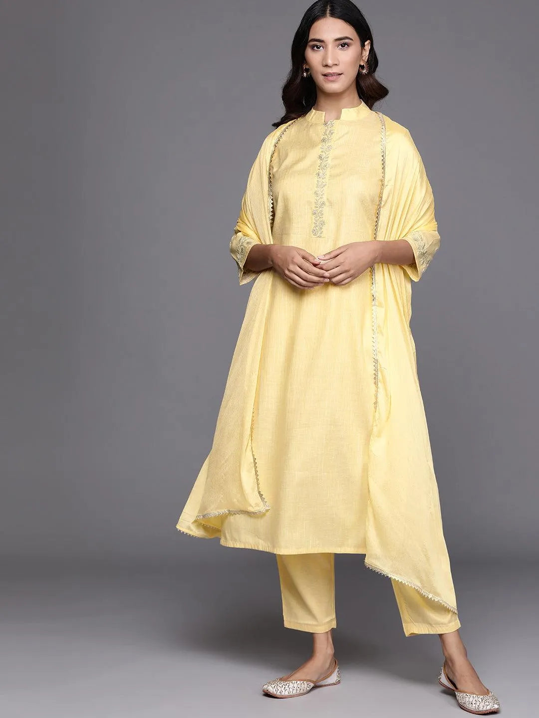 Yellow Embroidered Pure Cotton Suit Set - Libas