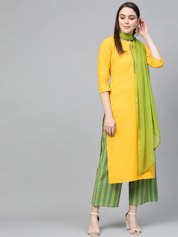 Yellow Embroidered Cotton Suit Set - Libas