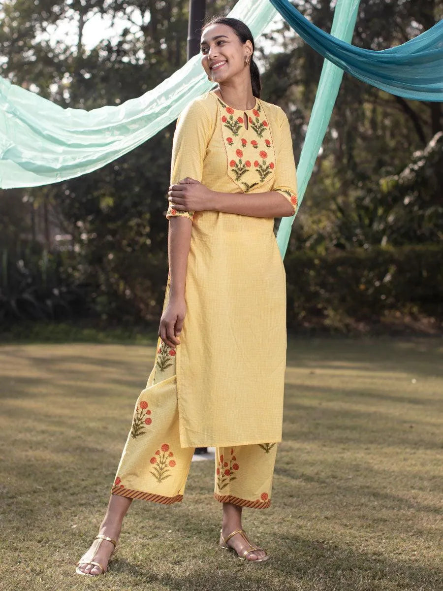 Yellow Embroidered Cotton Kurta Set - Libas