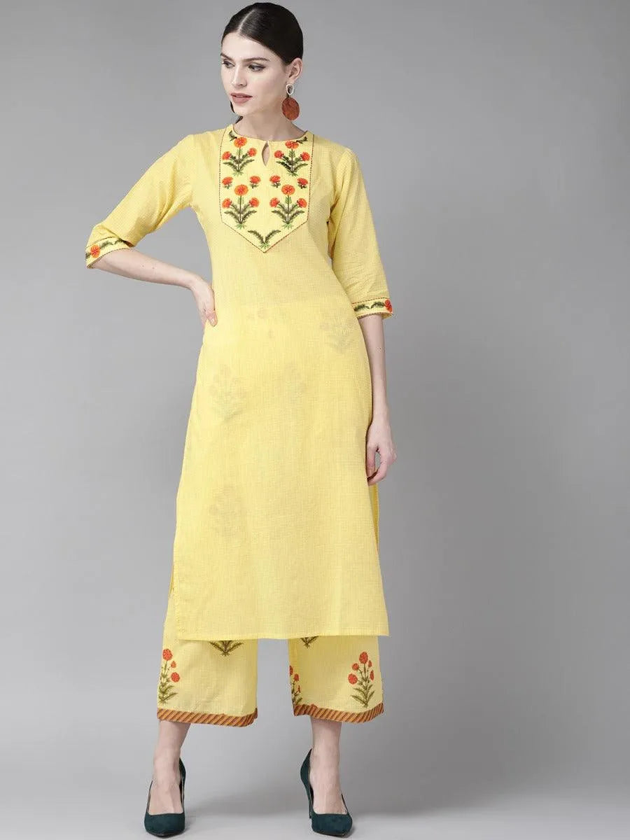 Yellow Embroidered Cotton Kurta Set - Libas