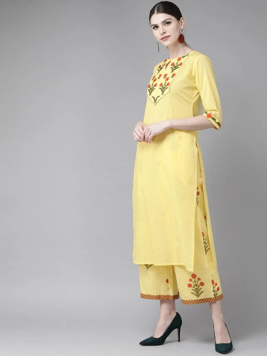 Yellow Embroidered Cotton Kurta Set - Libas