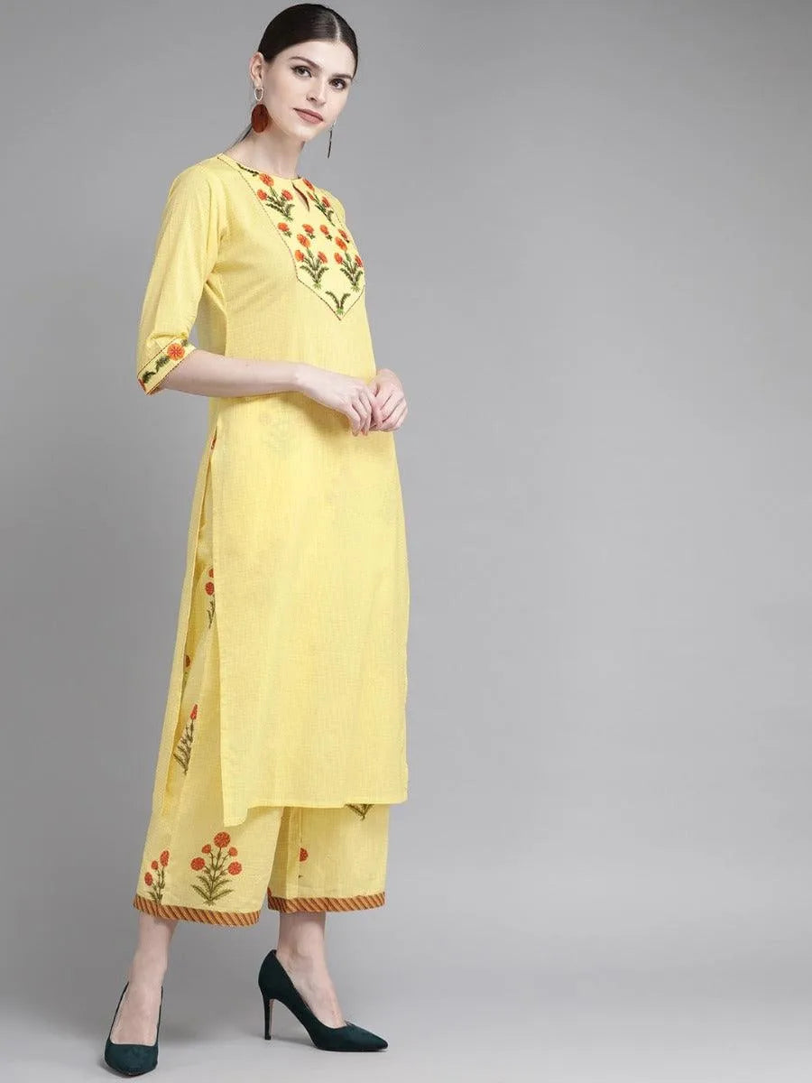 Yellow Embroidered Cotton Kurta Set - Libas