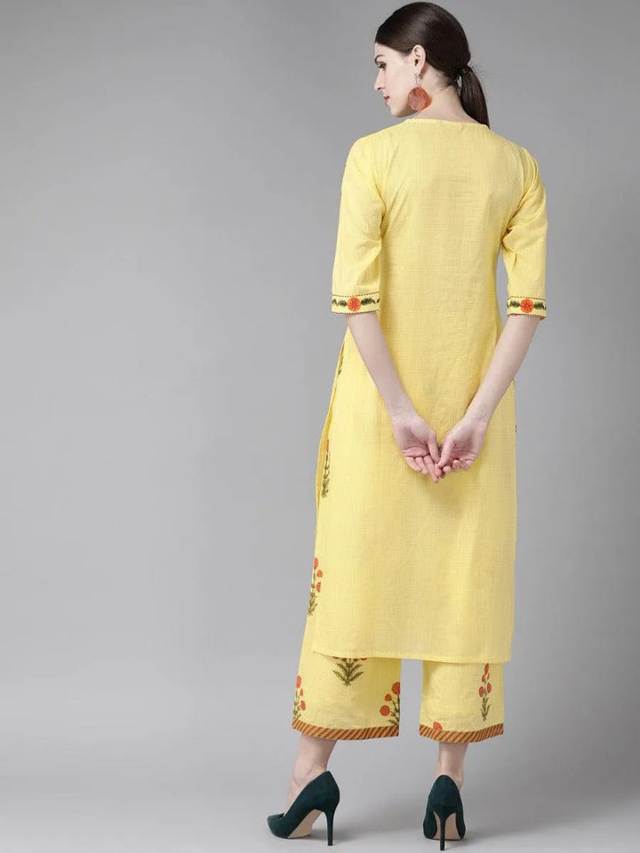 Yellow Embroidered Cotton Kurta Set - Libas