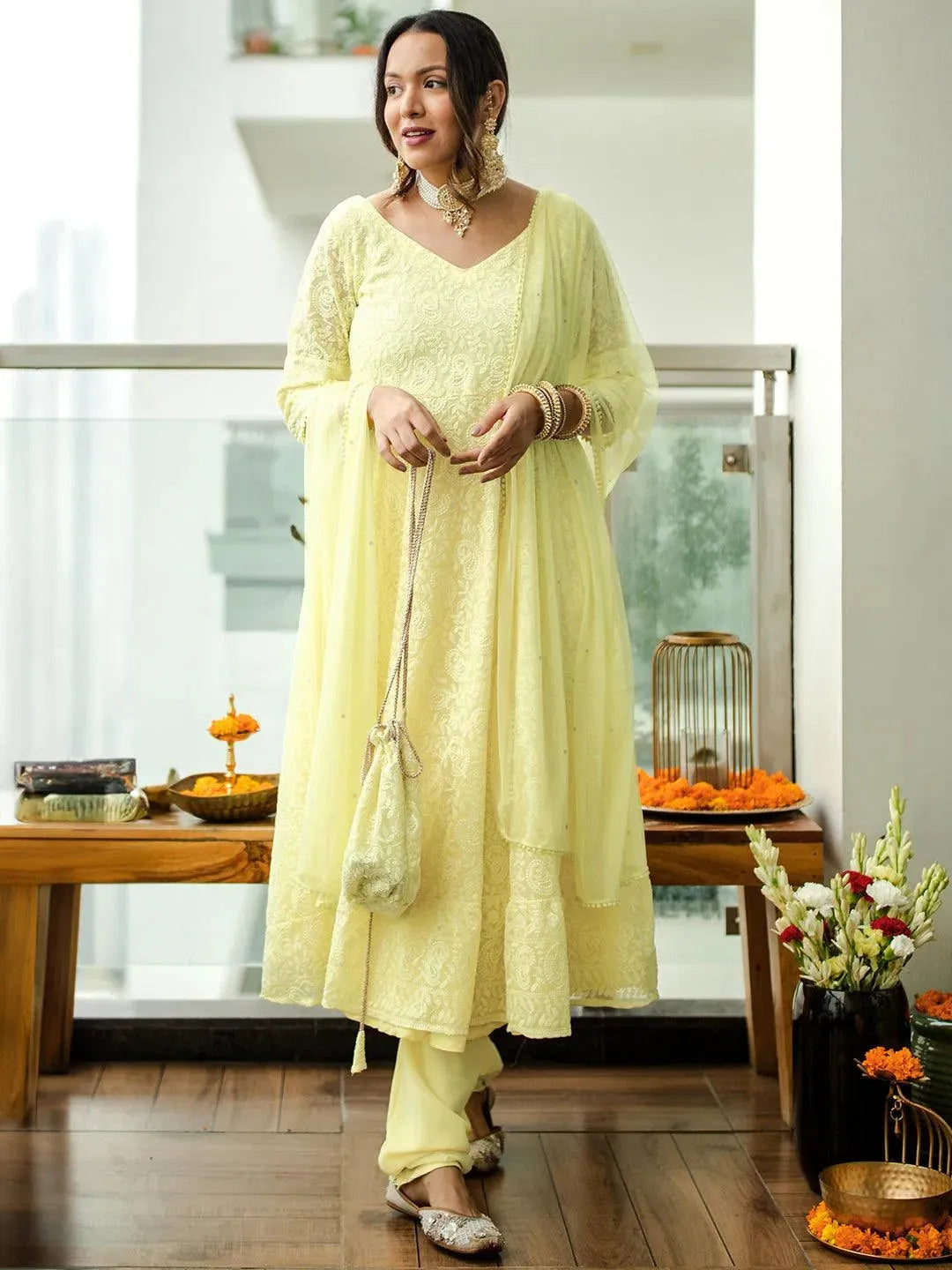 Yellow Embroidered Georgette Anarkali Kurta With Churidar & Dupatta