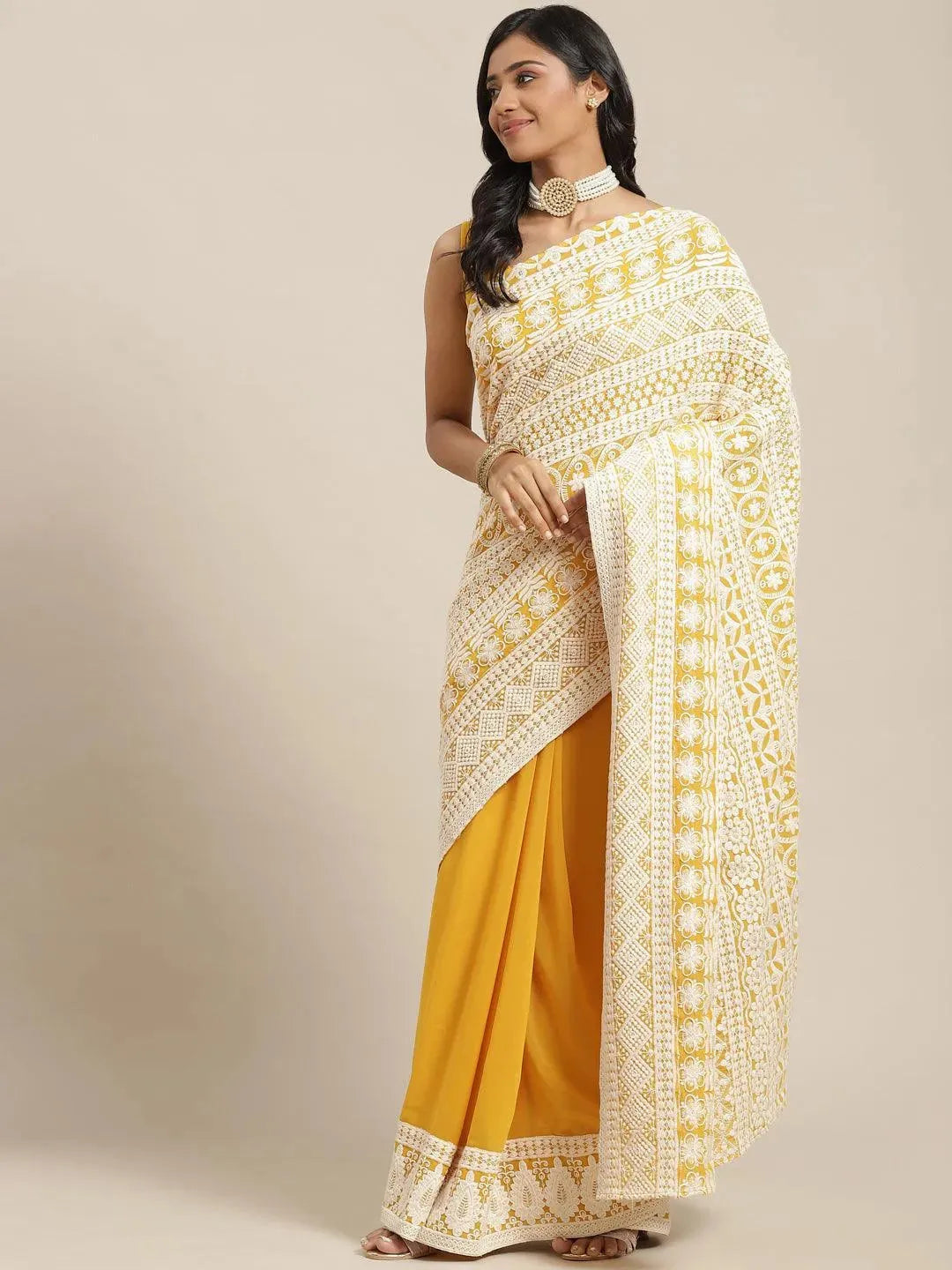 

Buy Yellow Embroidered Georgette Saree - 14626 | Libas Ethnic Wear Online