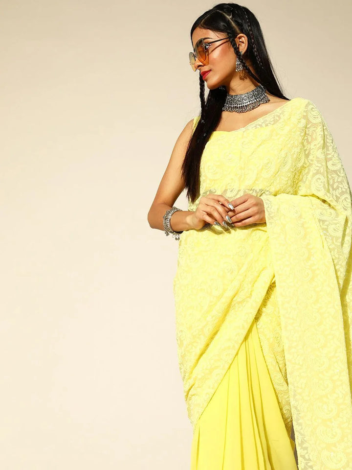 Yellow Embroidered Georgette Saree - Libas