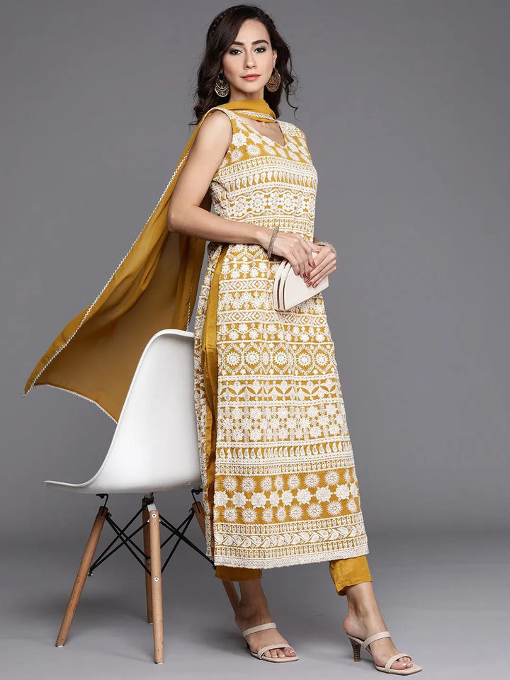 Yellow Embroidered Georgette Straight Kurta With Dupatta - Libas