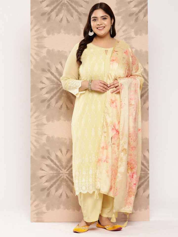 Yellow Embroidered Georgette Straight Kurta With Trousers and Dupatta - Libas